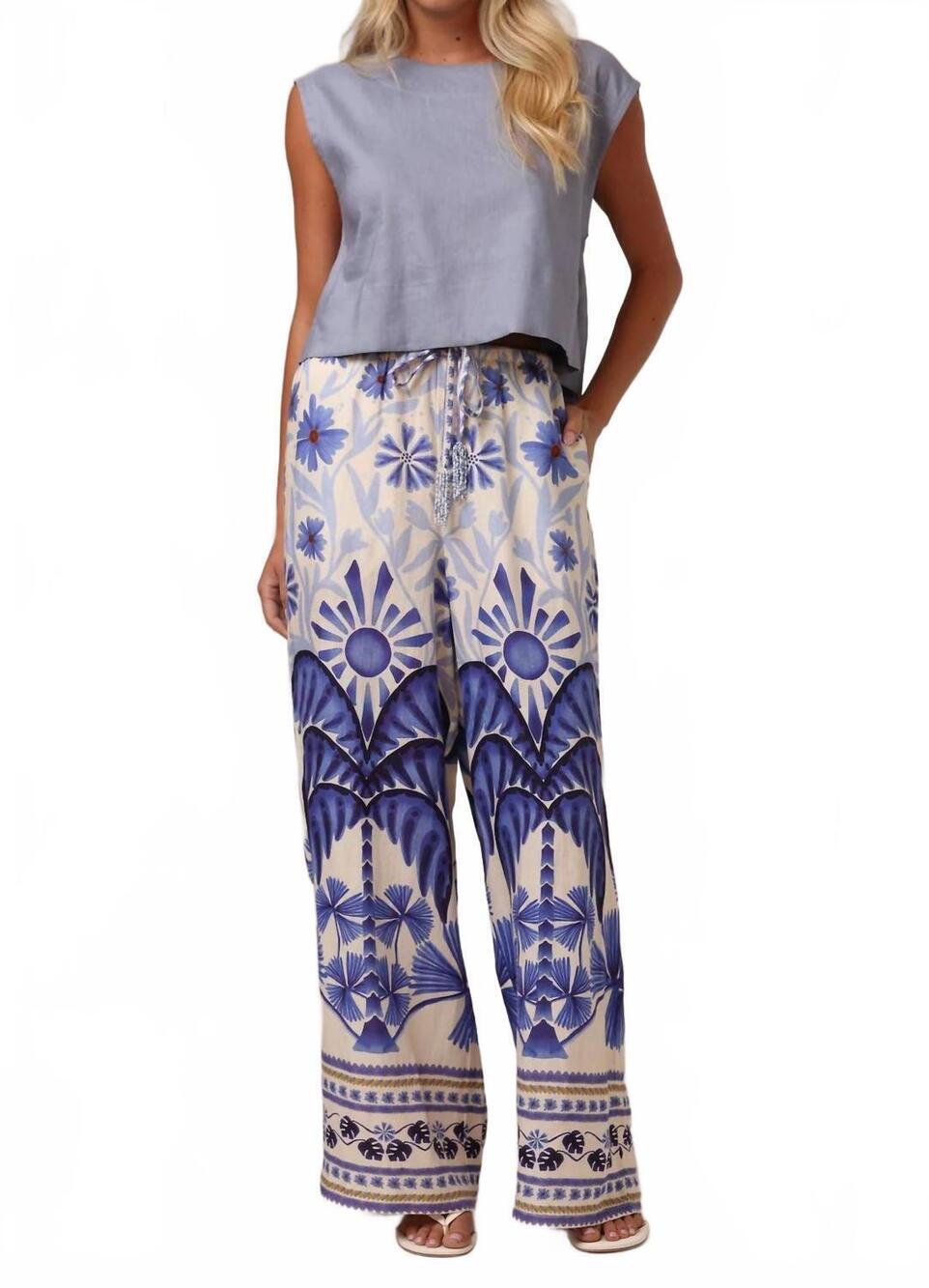 NEW SHORE beaded beach wide leg pants in blue mirage